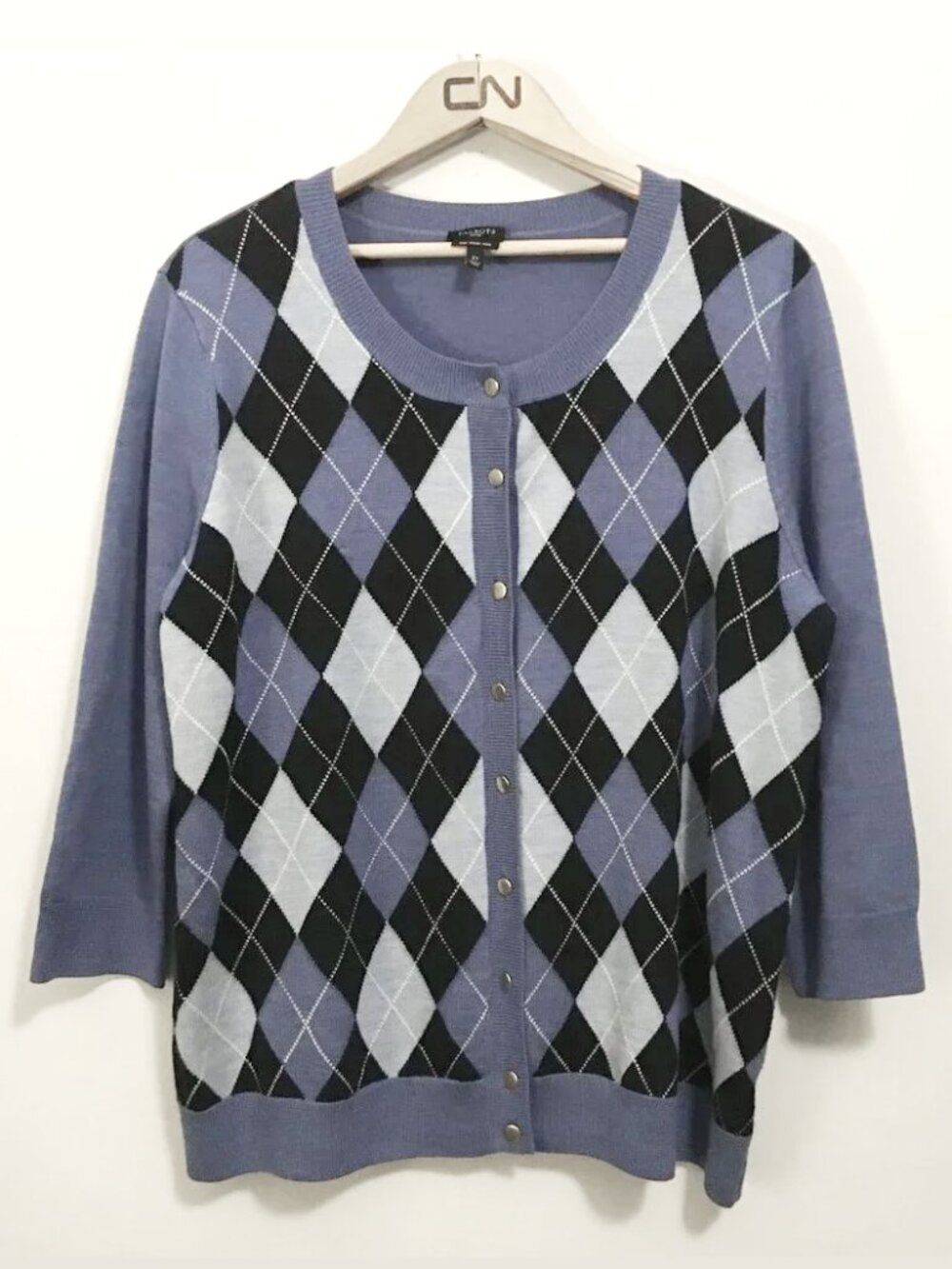 MERINO WOOL Blue Argyle Button Front Cardigan Sweater Plus Size 2X
